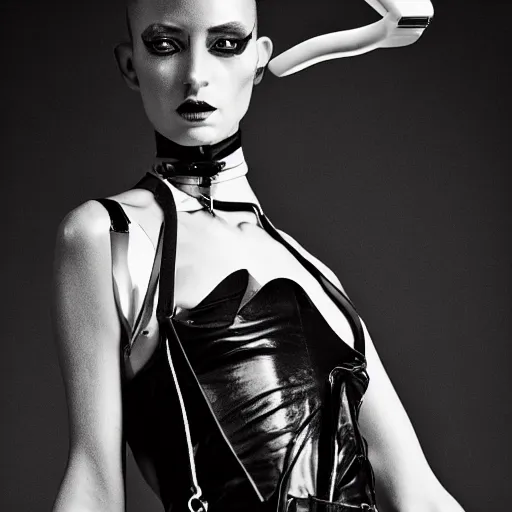 Image similar to fashion photography of an extraterrestrial model, holding a leather whip, wearing demobaza fashion, inside berghain, berlin fashion, harness, futuristic fashion, dark minimal outfit, photo 3 5 mm leica, hyperdetail, berghain, 8 k, very detailed, photo by nick knight