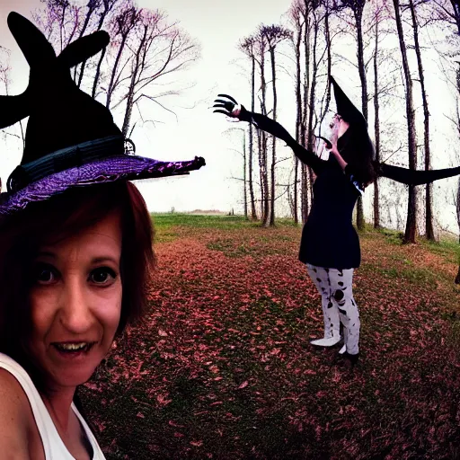 Prompt: a selfie of a woman making bunny ears with her fingers, fisheye lens photography, with a spooky filter applied, with a figure in the background, in a halloween style.