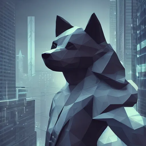 Image similar to Playstation 1 PS1 low poly foggy graphics portrait of furry anthro anthropomorphic wolf animal person fursona wearing clothes in a futuristic cyberpunk foggy city alleway. Artstation, CGSociety