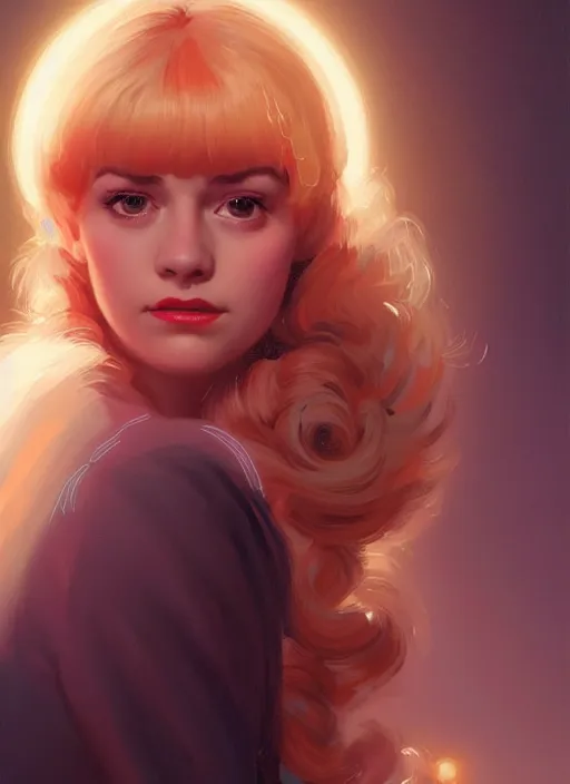 Image similar to portrait of betty cooper with fluffy bangs, bangs, 1 9 6 0 s, ponytail, curly bangs and ponytail, rounder face, intricate, elegant, glowing lights, highly detailed, digital painting, artstation, concept art, smooth, sharp focus, illustration, art by wlop, mars ravelo and greg rutkowski