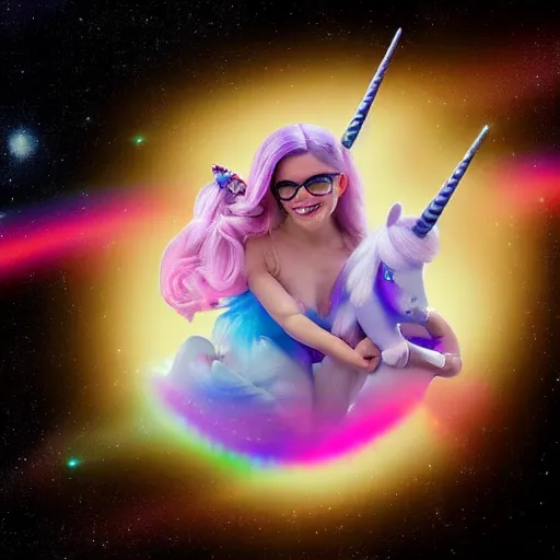 Prompt: Belle delphine riding a unicorn in outer space like a comet with a rainbow trail