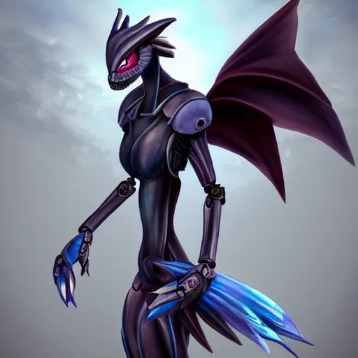 Image similar to cute anthropomorphic female robot dragon doing an elegant pose, has two adorable blue eyes, with two big epic wings behind her, two arms that have sharp claws, two legs, a long tail behind her; high quality digital art, artstation, deviantart, furaffinity