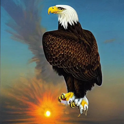 Prompt: an eagle with goggles screams at the sun, detailed, oil
