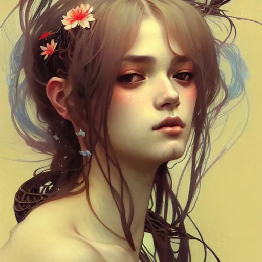 Image similar to Portrait of a girl surrounded by Koi fish, face, fantasy, intricate, elegant, highly detailed, digital painting, artstation, concept art, smooth, sharp focus, illustration, art by Krenz Cushart and Artem Demura and alphonse mucha