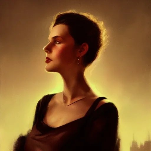 Image similar to closeup portrait of a young vivian leigh, depressed, chiaroscuro, city background, night, moon, dramatic lighting, complementary contrast, high detail, painted by greg rutkowski, painted by igor kieryluk, trending on artstation