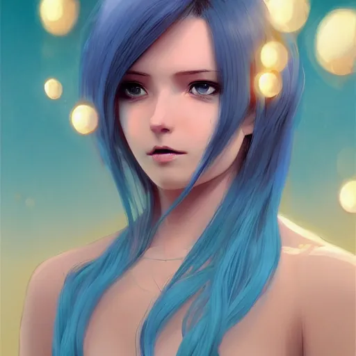 Image similar to ilya kuvshinov with long sky blue hair, gold eyes, boyish face, professional digital painting, concept art, ultra sharp, 8 k, cinematic, wlop, bubbles, tendrils in the background, art by greg rutkowski, pixiv art, art nouveau, yoshitaka amano