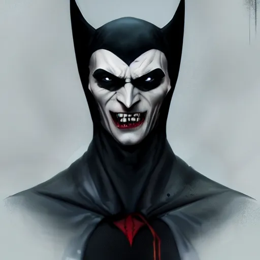 Prompt: vampire batman, evil smile, realistic character concept, full body, sinister pose, comic book, illustration, slender symmetrical face and body, cinematic lighting, hyperdetailed, cgsociety, 8k, high resolution, Charlie Bowater, Tom Bagshaw, insanely detailed and intricate