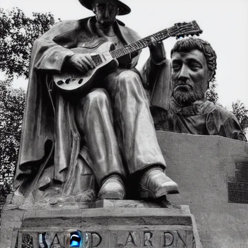 Prompt: bob dylan playing his guitar whilst sitting next to a statue of king alfred the great in wantage united kingdom, photograph