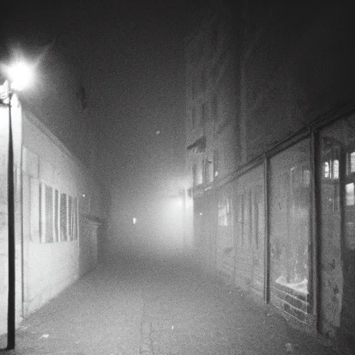 Prompt: taken using a film camera with 35mm expired film, bright camera flash enabled, urban city at night, slightly foggy, creepy, liminal space,