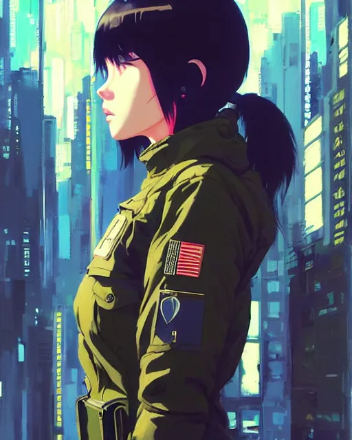 Image similar to girl wearing in tactical gear | | audrey plaza, fine detail!! anime!! realistic shaded lighting!! dramatic!! poster by ilya kuvshinov katsuhiro otomo ghost - in - the - shell, magali villeneuve, artgerm, jeremy lipkin and michael garmash and rob rey