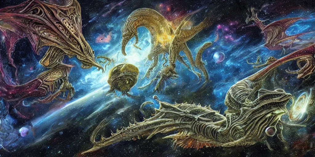 Prompt: alien dragons flying through outer space, epic nebula, asteroid belt, gothic castle, dan seagrave art