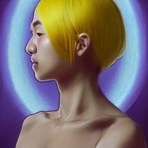 Prompt: symmetry!! portrait of a filipino cute girl blue - yellow hair, nasal strip, cyborg body, intricate, elegant, highly detailed, my rendition, digital painting, artstation, concept art, smooth, sharp focus, illustration, art by artgerm and greg rutkowski and alphonse mucha and uang guangjian and gil elvgren and sachin teng