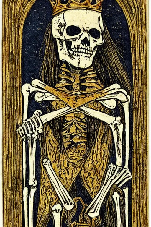 Prompt: tarot card of a king’s skeleton sitting on a decaying throne, ornate, gold foil, intricate design, detailed