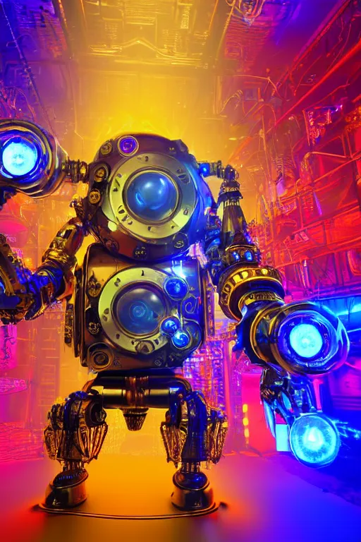 Image similar to portrait photo of a giant huge golden and blue metal futuristic steampunk robot covered with multicolored big gears and tubes, eyes are glowing red lightbulbs, robot holds a huge red electric guitar, shiny crisp finish, 3 d render, 8 k, insaneley detailed, fluorescent colors, background is multicolored lasershow