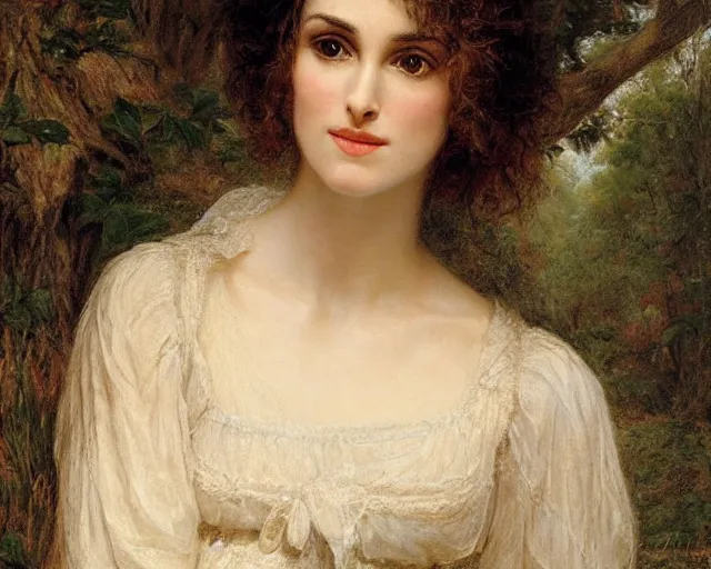 Image similar to portrait en buste of winona ryder kiera knightley in repose by Hughes Merle, by Pierre Auguste Cot, perfect detailed eyes, realistic fabric, abundant detail, winona ryder