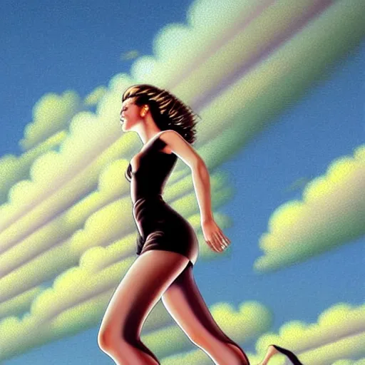 Image similar to portrait of woman walking up an infinity staircase in the clouds, sky background, art by peter lloyd, 1 9 8 0's art, retro art airbrush style, art by hajime sorayama,, intricate, elegant, sharp focus, illustration, highly detailed, concept art, matte, sharp focus, illustration, highly detailed, concept art, h 6 4 0