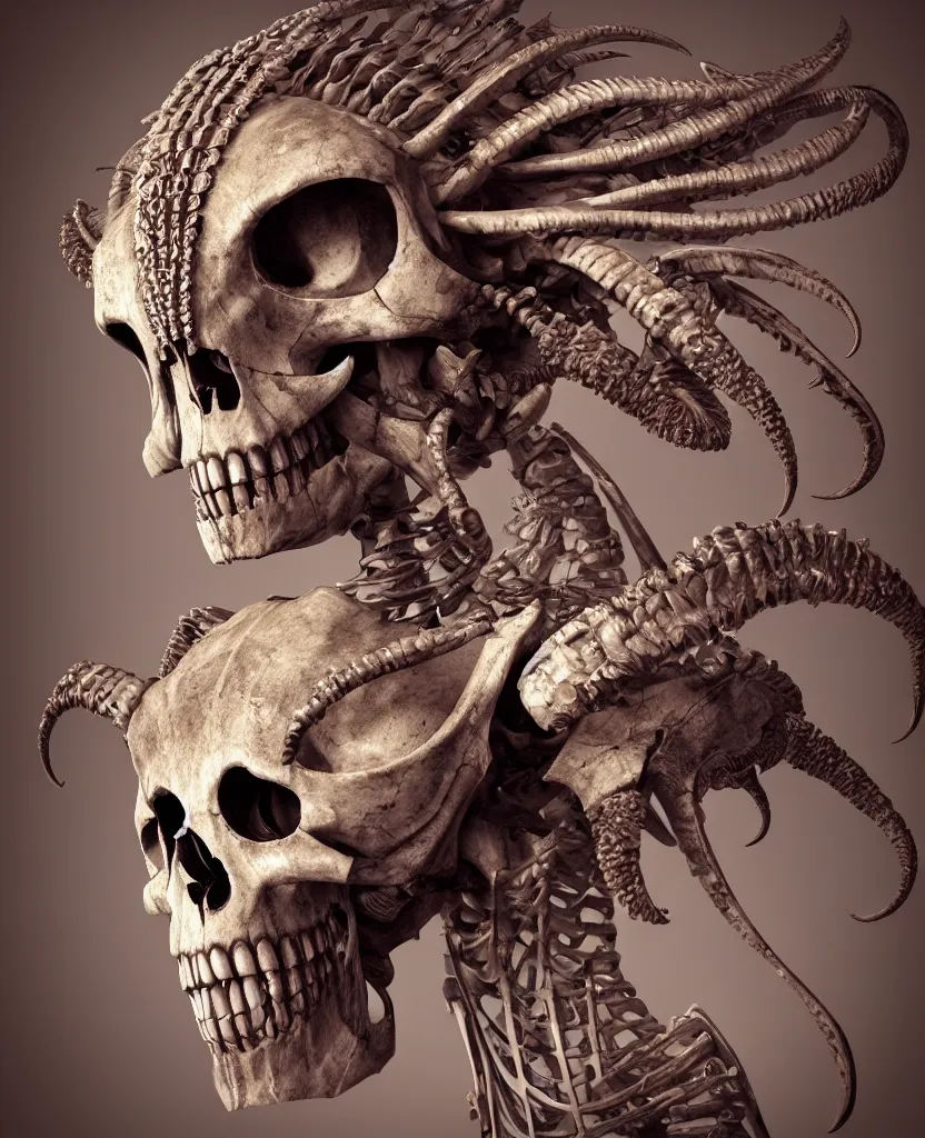 Image similar to close-up macro portrait of the face of a beautiful princess with ram animal skull mask, epic angle and pose, ribcage skeleton symmetrical artwork, 3d with depth of field, blurred background, cybernetic jellyfish female face phoenix bird, translucent, nautilus, energy flows of water and fire. a highly detailed epic cinematic concept art CG render. made in Maya, Blender and Photoshop, octane render, excellent composition, cinematic dystopian brutalist atmosphere, dynamic dramatic cinematic lighting, aesthetic, very inspirational, arthouse. y Greg Rutkowski, Ilya Kuvshinov, WLOP, Stanley Artgerm Lau, Ruan Jia and Fenghua Zhong