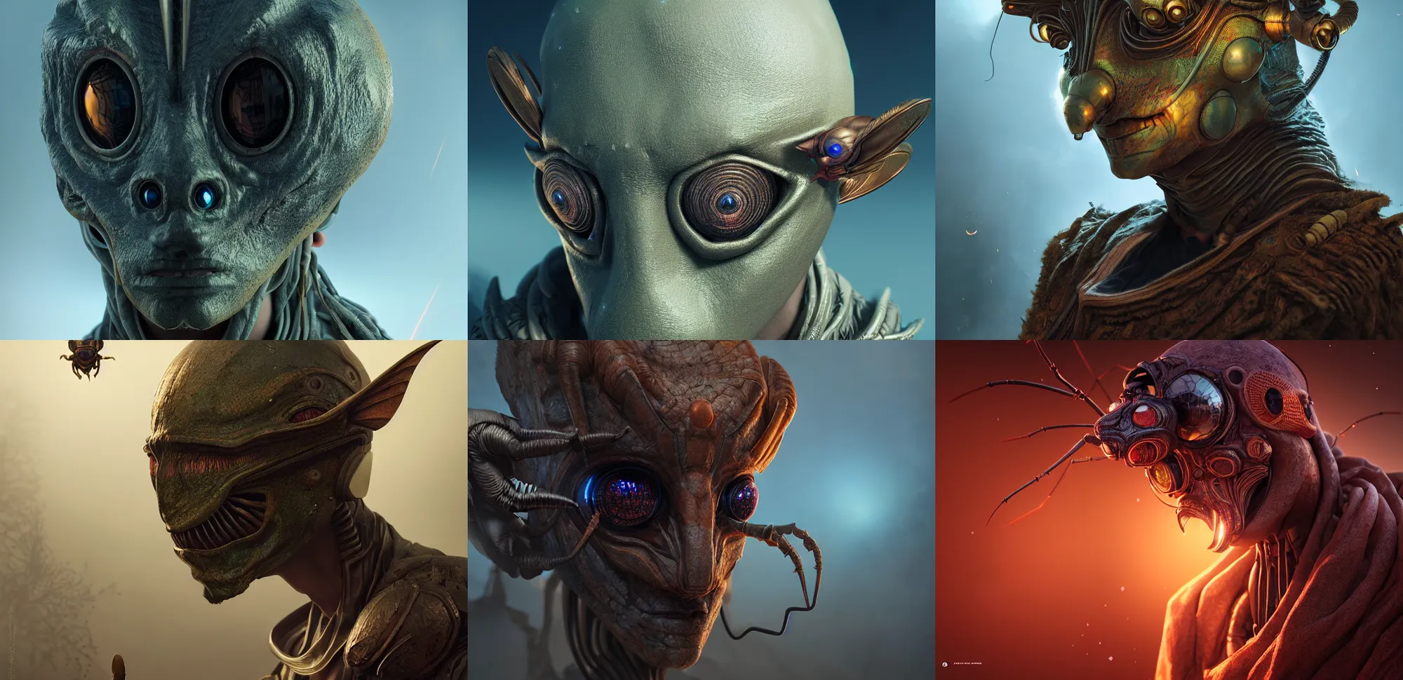 Prompt: incredibly realistic, too detailed face of insectoid sorcerer, mask with compound eyes, octane render, bump mapping, macro image, global illumination, 8 k, bokeh, enki bilal, yuji himukai, jen zee, peter mohrbacher