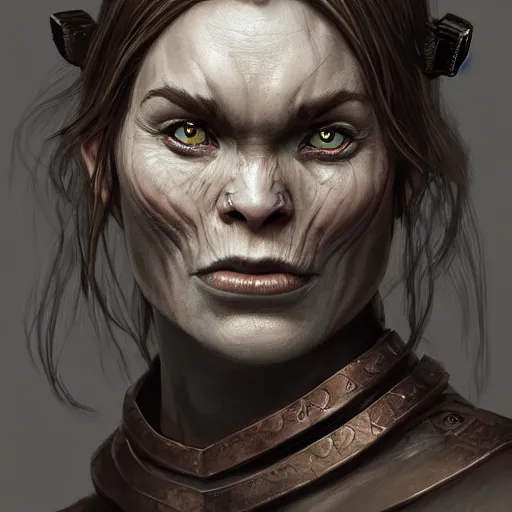 Prompt: Epic portrait an female orc with sleeve armor plates and protective lether shirt, muscular, pretty, glossy skin, glowing eyes, brown hair, digital painting, artstation, concept art, soft light, hdri, smooth, sharp focus, illustration, fantasy, intricate, elegant, highly detailed, D&D, matte painting, in the style of Greg Rutkowski and Alphonse Mucha and artemisia, 8k, highly detailed, jurgens, rutkowski, bouguereau, pastoral, rustic, georgic