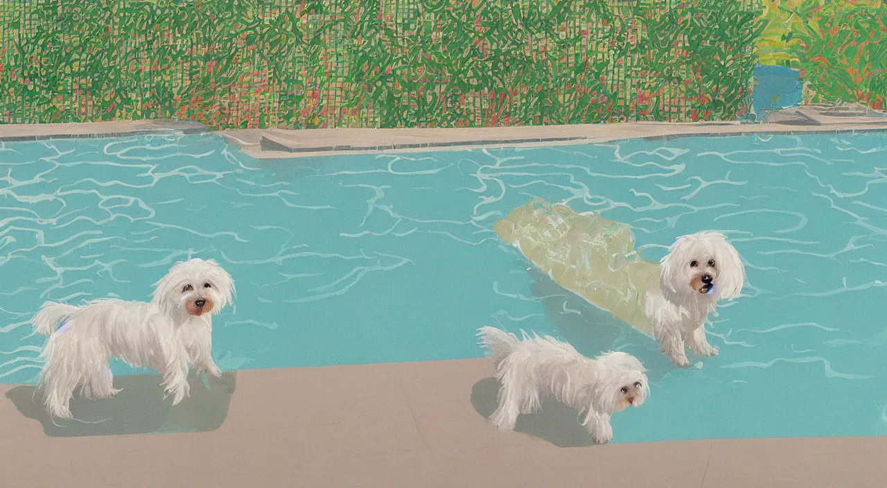 Image similar to a cream colored havanese dog swimming in a swimming pool at a mid century modern house in palm springs by david hockney