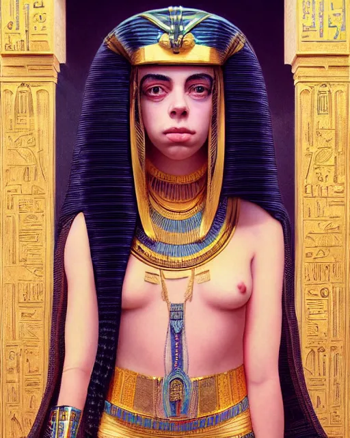 Image similar to Billie Eilish as a beautiful egyptian princess, gorgeous, portrait, Symmetrical, powerful, intricate, beautiful, masterpiece, elegant, volumetric lighting, highly detailed, artstation, sharp focus, no cropping, illustration, Jean-Leon Gerome , ruan jia