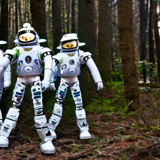 Image similar to a squad of space scouts wearing camo uniforms with white armor and helmets and a tall robot exploring a forest planet