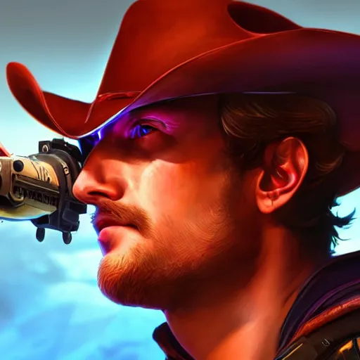 Prompt: a screenshot of mark zuckerberg as mccree in overwatch, portrait, fantasy, beautiful face, vivid colors, elegant, concept art, sharp focus, digital art, hyper - realistic, 4 k, unreal engine, highly detailed, hd, dramatic lighting by brom, trending on artstation