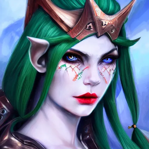 Prompt: a close up of a green haired elf person with blue eye with a horns crown red lips and wearing light armour, concept art by Lü Ji, trending on Artstation, fantasy art, official art, detailed painting, artstation hd