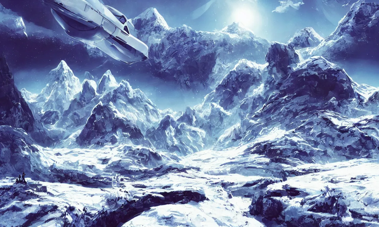 Image similar to frozen planet with mountains in clouds on the background, ravine in front, science-fiction, cinematic lighting, cinematic angle, Syd Mead, Federico Pelat, daylight, blue sky, spaceship in the sky