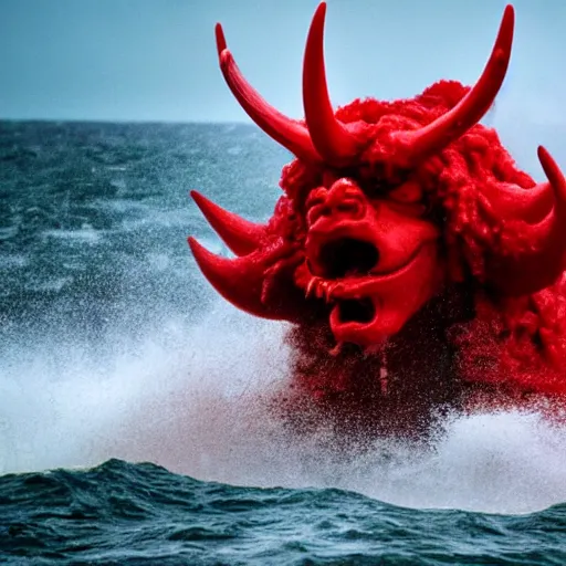 Prompt: a devilish red monster with horns emerging from boiling rough seas, photo by david lachapelle, s - 5 0