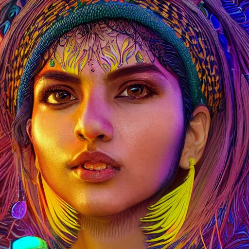 Prompt: the face of a ridiculously beautiful and pretty indian woman partially made of onion rings of all colors looking up, an ultrafine detailed illustration by james jean, final fantasy, intricate linework, bright colors, behance contest winner, vanitas, angular, altermodern, unreal engine 5 highly rendered, global illumination, radiant light, detailed and intricate environment