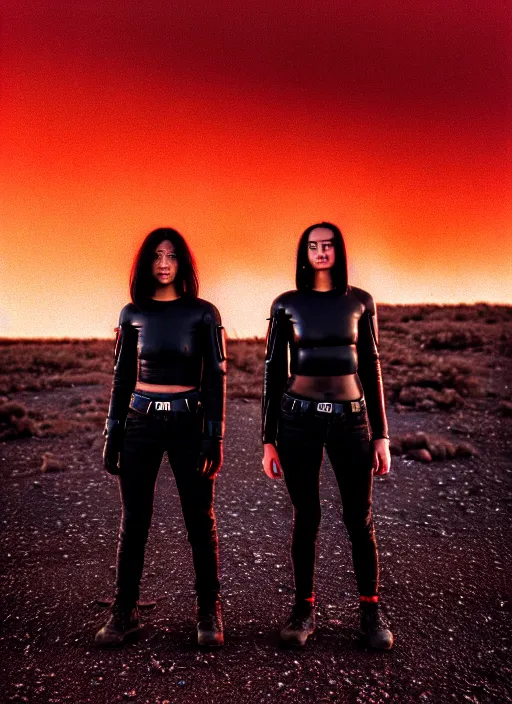 Image similar to cinestill 5 0 d photographic portrait of two loving female androids wearing rugged black techwear on a desolate plain with a red sky, extreme closeup, lizard on ground, cyberpunk style, in front of a brutalist dark metal facility, dust storm, 8 k, hd, high resolution, 3 5 mm, f / 3 2, ultra realistic faces