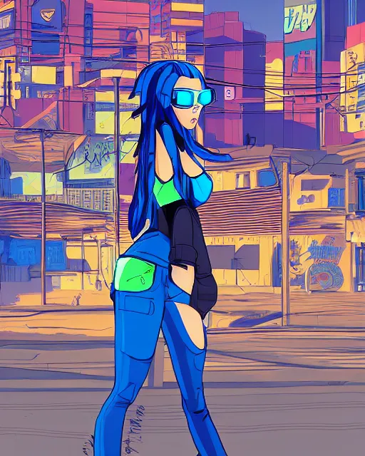 Image similar to cel shaded art of a pretty blue haired girl, jet grind radio graphics, cyberpunk city street background