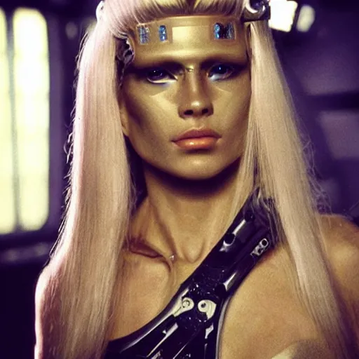 Image similar to full body of a very pretty blond borg queen on a borg ship, cybernetic implants, perfect face, symmetrical face, moody lighting, shallow depth of field,