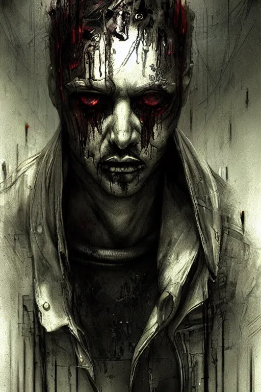 Prompt: a man with a creepy look on his face, cyberpunk art by ben templesmith, cgsociety, neo - figurative, dystopian art, apocalypse art, grotesque