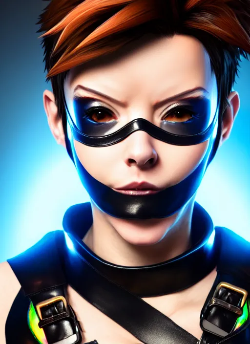 Prompt: hyperrealistic style portrait of tracer overwatch, confident pose, wearing black iridescent rainbow latex, 4 k, expressive happy smug expression, makeup, in style of mark arian, wearing detailed black leather collar, wearing sleek armor, black leather harness, expressive detailed face and eyes,