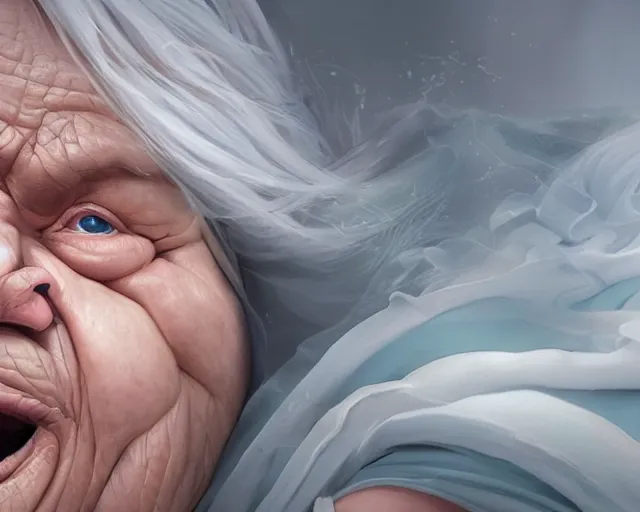 Image similar to of a very beautiful scene. ambient occlusion render. a sweet fat old woman is giving birth to a huge art book. hyper realistic. 4 k. wide angle. wild. symmetrical face, red mouth, blue eyes. deep focus, lovely scene. ambient occlusion render. concept art. unreal engine.