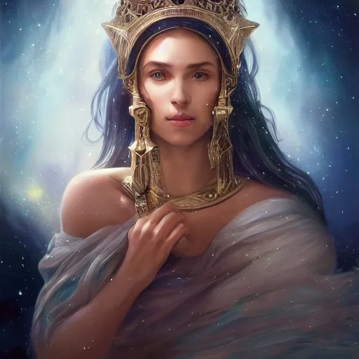 Image similar to epic portrait goddess of space, beauty, pretty face, glossy skin, dark, stars, glowing, digital painting, artstation, concept art, soft light, hdri, smooth, sharp focus, illustration, fantasy, intricate, elegant, highly detailed, D&D, matte painting, in the style of Greg Rutkowski and Alphonse Mucha and artemisia, 8k, highly detailed, jurgens, rutkowski, bouguereau, pastoral, rustic, georgic