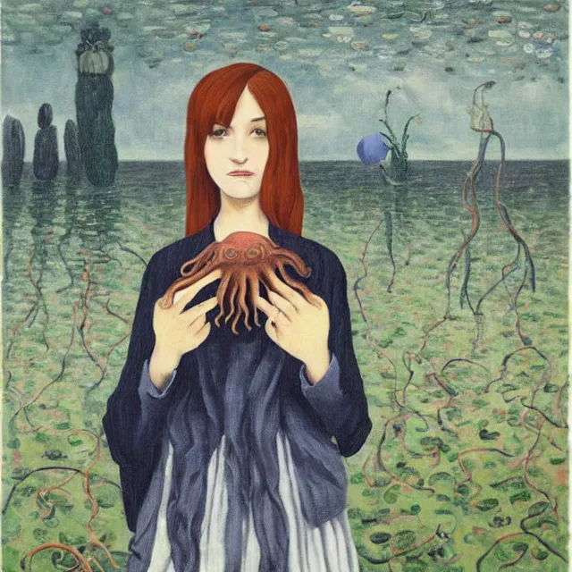 Image similar to tall emo girl artist holding an octopus, in a flooded art gallery, books, small portraits, gourds, berries, vines, pigs, acrylic on canvas, surrealist, by magritte and monet