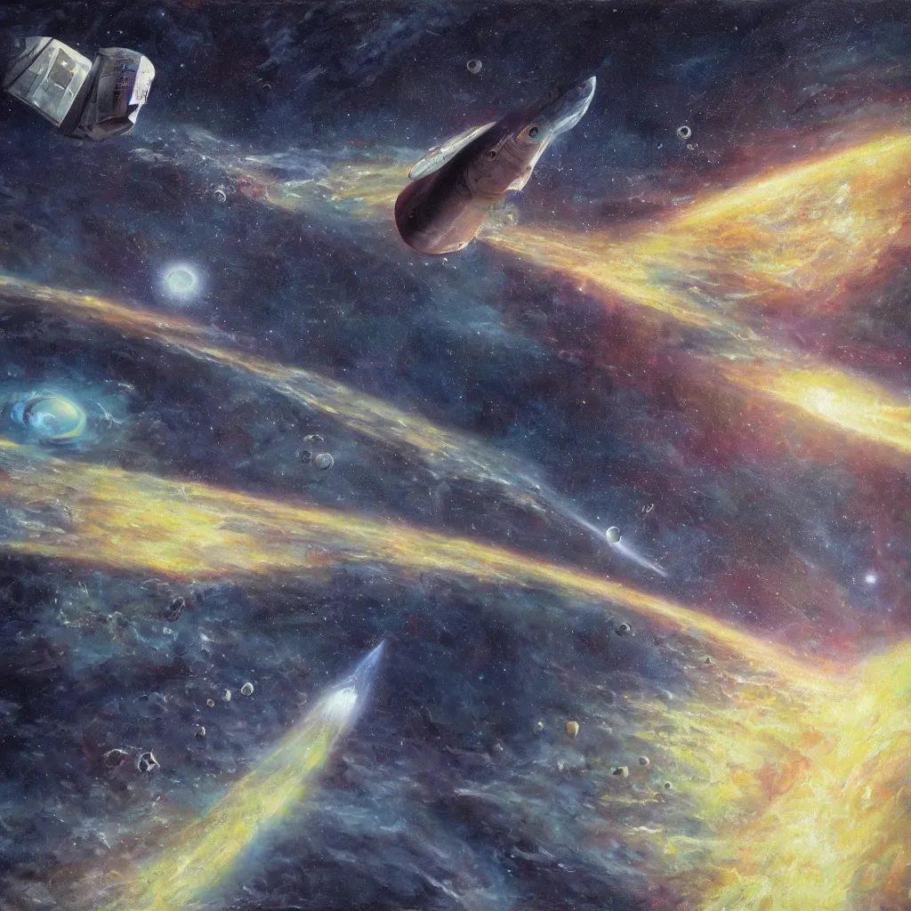 Image similar to Lone spaceship wandering through space, only to see its target destination destroyed by an eldritch being, oil painting, ultra realistic