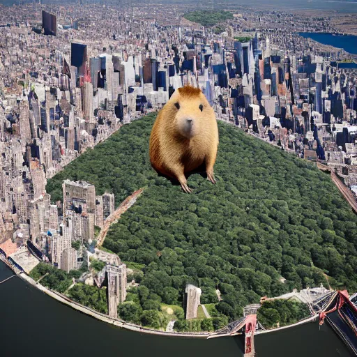 Image similar to An oversized capybara in a crown towering over miniature New York city. Aerial shot