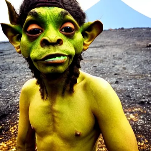 Image similar to “a goblin with brown skin and glowing yellow eyes with a volcano in the background”