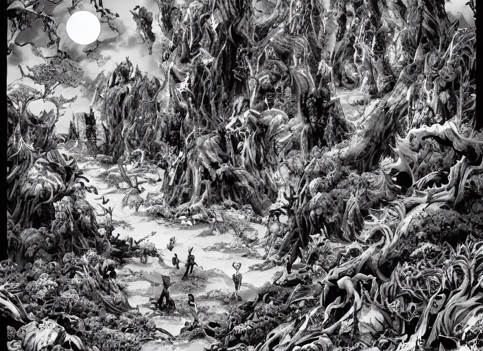 a landscape of a forest at hell by takeshi obata and