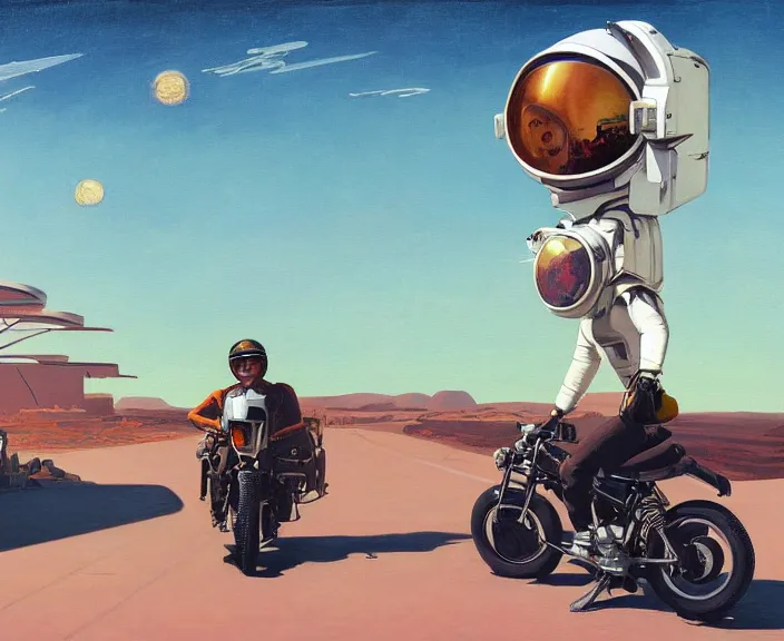 Image similar to a very detailed painting of a astronaut wearing a suit, riding a motorbike down a street, harley davidson motorbike, worm's - eye view, very fine brush strokes, very aesthetic, very futuristic, in the style of edward hopper and grant wood and syd mead, 4 k,