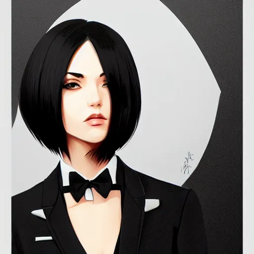 Image similar to slim cruel business girl in tuxedo with black bob hair, elegant, 2d, ultra highly detailed, digital painting, smooth, sharp focus, artstation, art by Ilya Kuvshinov