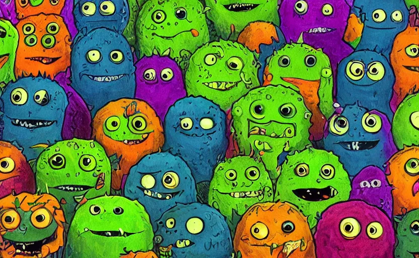 Prompt: an army of different cute green tennis ball monsters, colorful, digital art, fantasy, magic, chalk, trending on artstation, ultra detailed, detailed, fine details, professional illustration by basil gogos