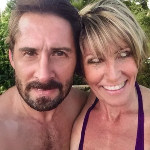Image similar to photo of a 3 5 year old man that looks young for his age dating a very attractive 5 5 year old woman wearing with short blondish hair wearing a bikini.