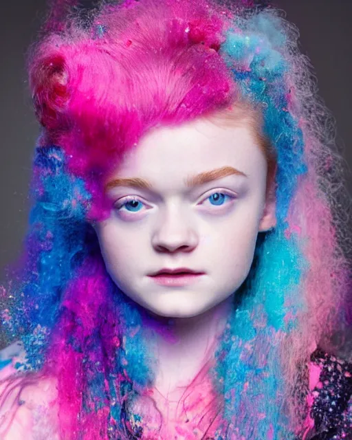 Prompt: a dramatic lighting photo of a beautiful young woman sadie sink with cotton candy hair. paint splashes. with a little bit of cyan and pink