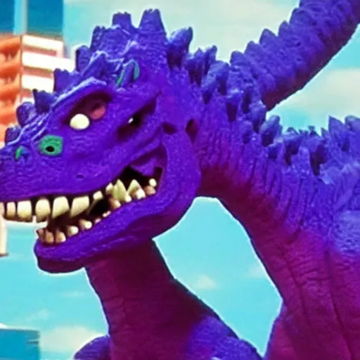 Image similar to barney the purple dinosaur fights godzilla for control of tokyo, file footage