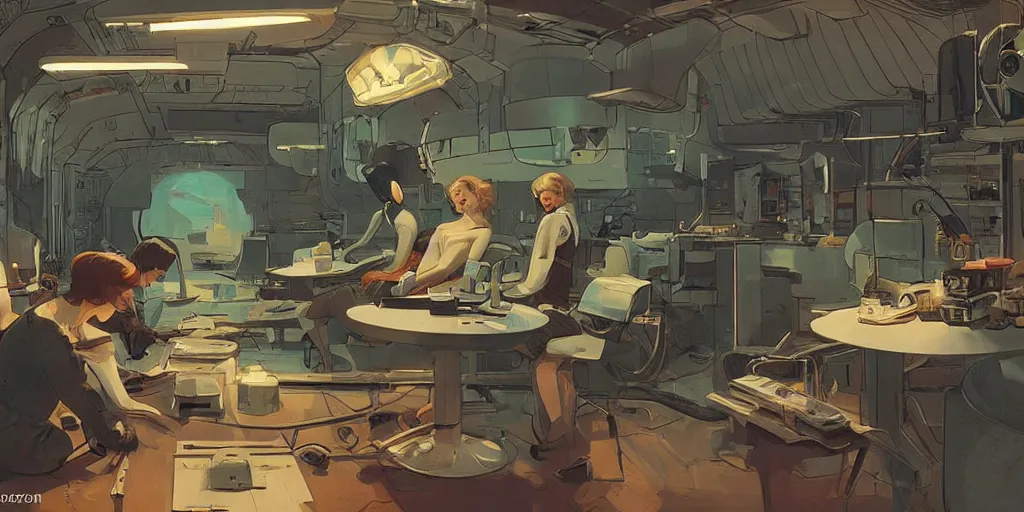 Image similar to concept art, intimate, retro, atomic age, droid repair workshop, 7 0 s aesthetics and palette, soft lighting, syd mead, akihiko yoshida, cinematic